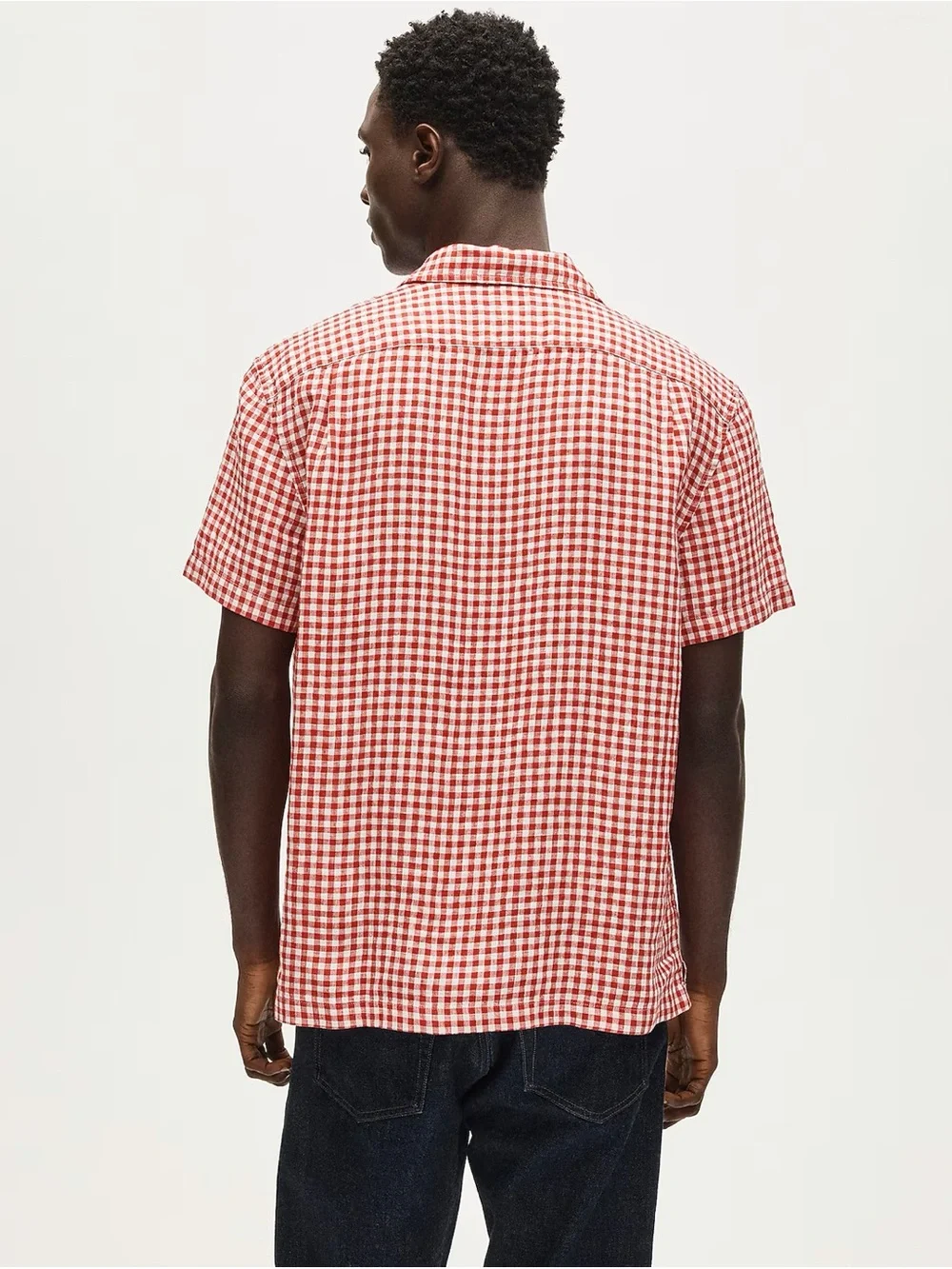J Crew Men Short-sleeve 100% linen camp-collar shirt in gingham Red White Sz L